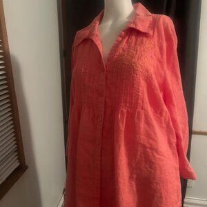 Carroll Reed Women Coral Salmon Pin tuck button front shirt, size 3X